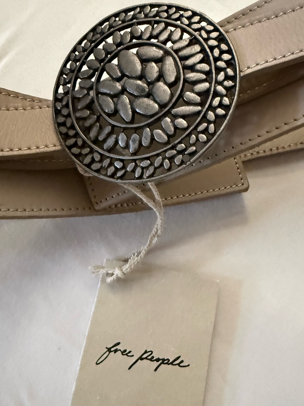 NWT Free People Beige Creamish/Tan Belt w/Embossed Silver Buckle (42” Length) - Picture 9 of 9